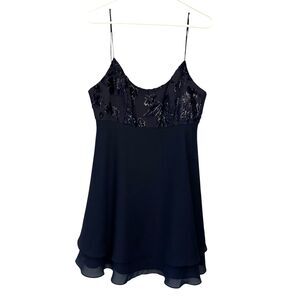 Faviana New York Navy Blue Y2K Style Floral Spaghetti Strap Midi Dress Size 9/10